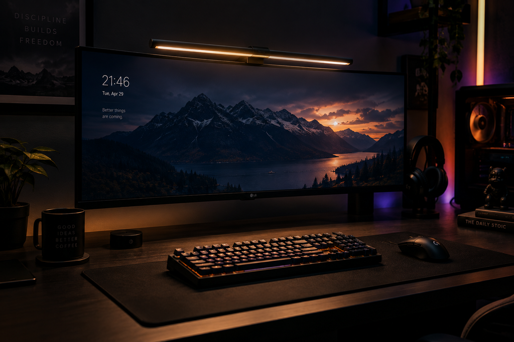 LED Monitor Light Bar lifestyle – dark desk setup